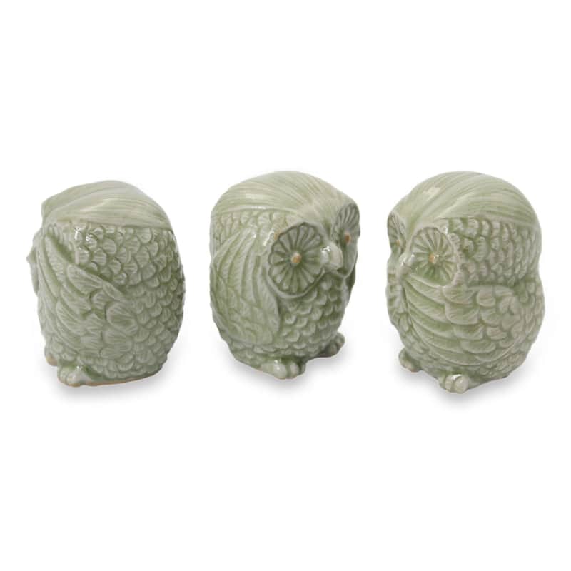 Handmade Green Owl Trio Celadon Ceramic Statuettes, Set of 3 (Thailand)