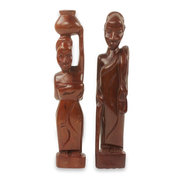 Ebony Wood Statuettes, 'Ena Ni Agya' (Pair) - Ghana