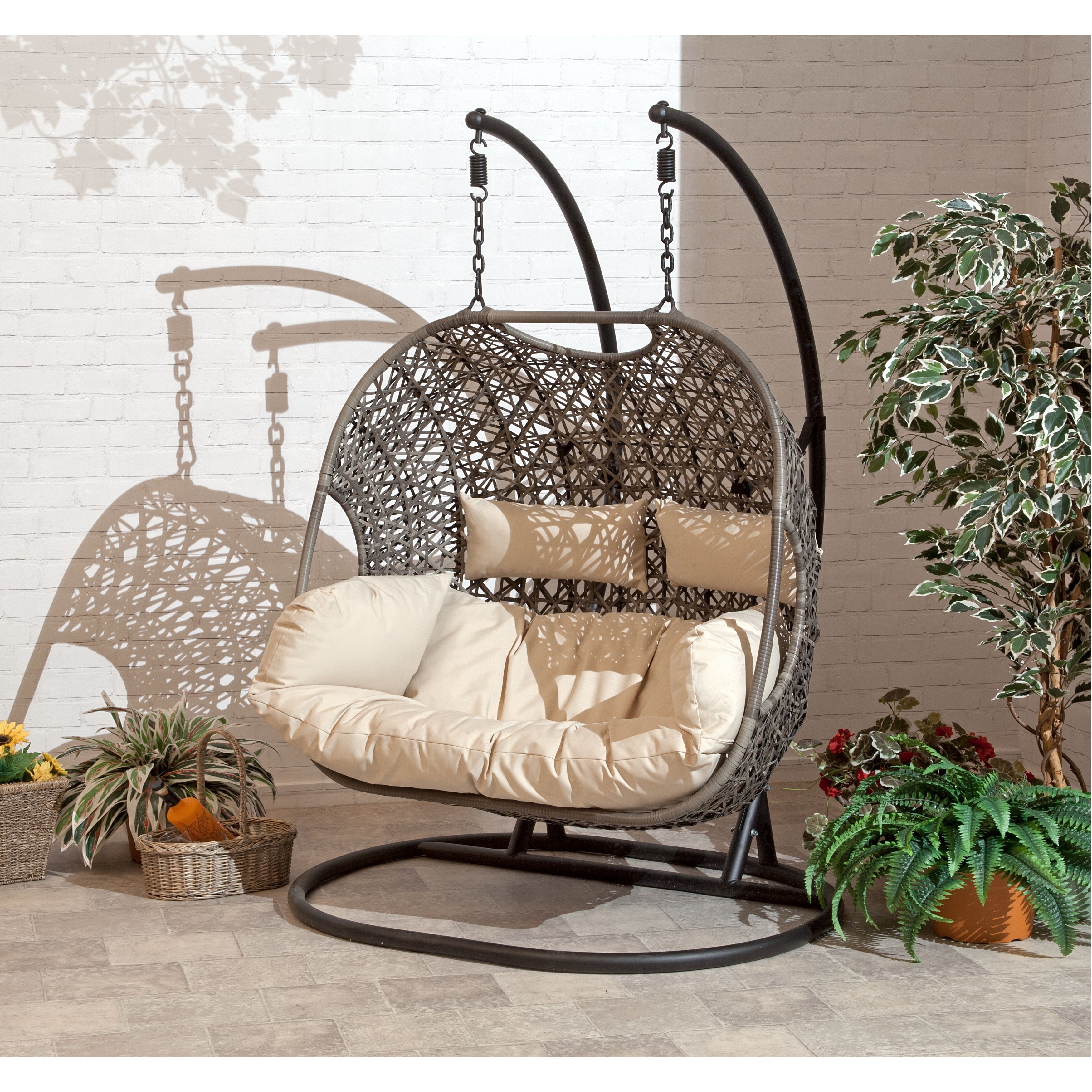 Shop Brampton Espresso Cocoon Hanging Chair/Swing Double with Beige Cushions - Free Shipping 