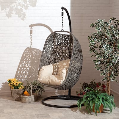 Brampton Espresso Cocoon Hanging Chair/Swing Single with Beige Cushions