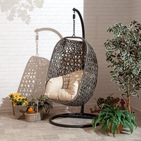 Brampton Espresso Cocoon Hanging Chair/Swing Single with Beige Cushions