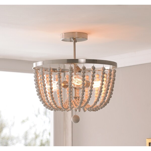 Zander Semi Flush Mount - Brushed Steel with Distressed White Wood Beads