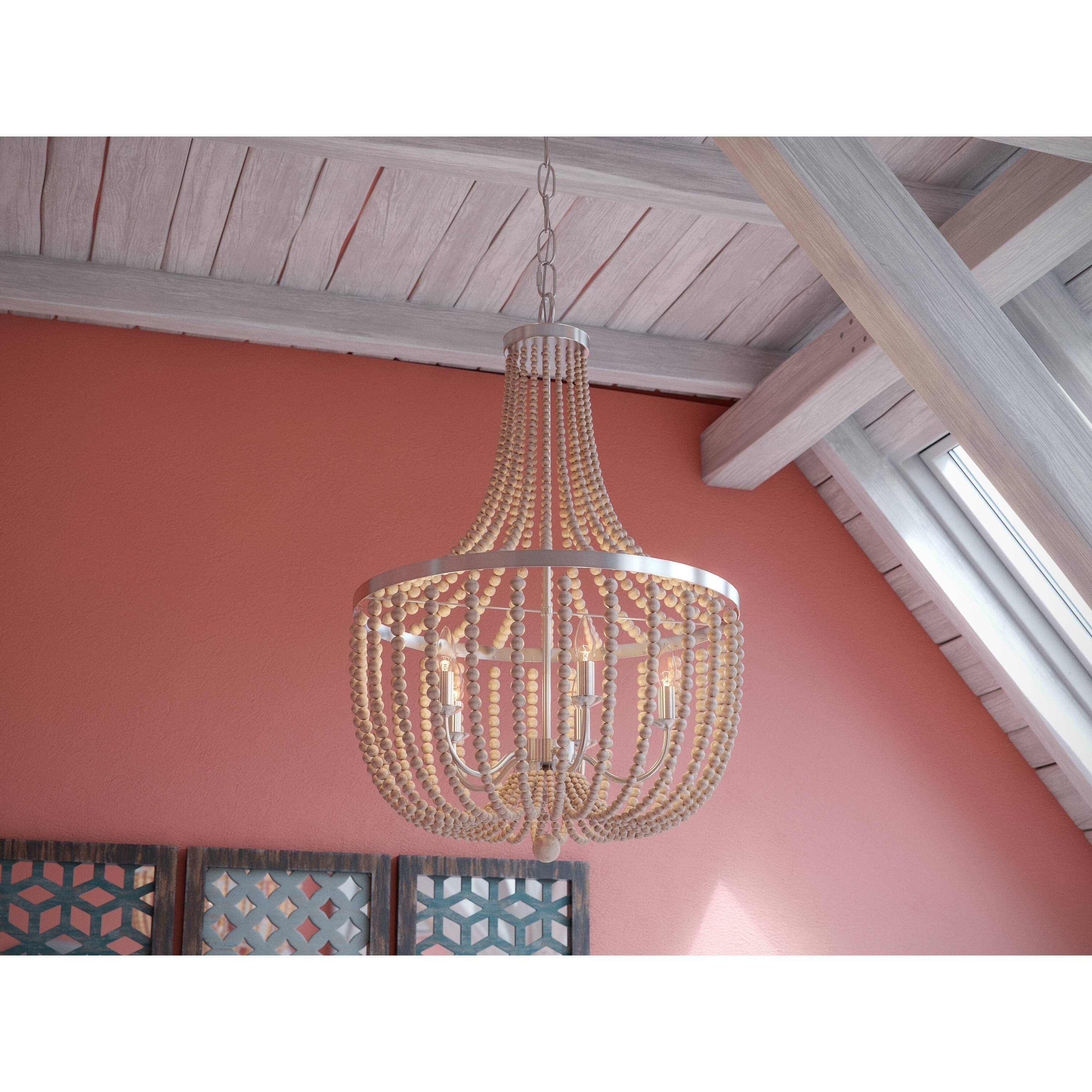 Zander 5 Light Chandelier - Brushed Steel with White Wood Beads - Chandeliers For Bedrooms by Overstock.com