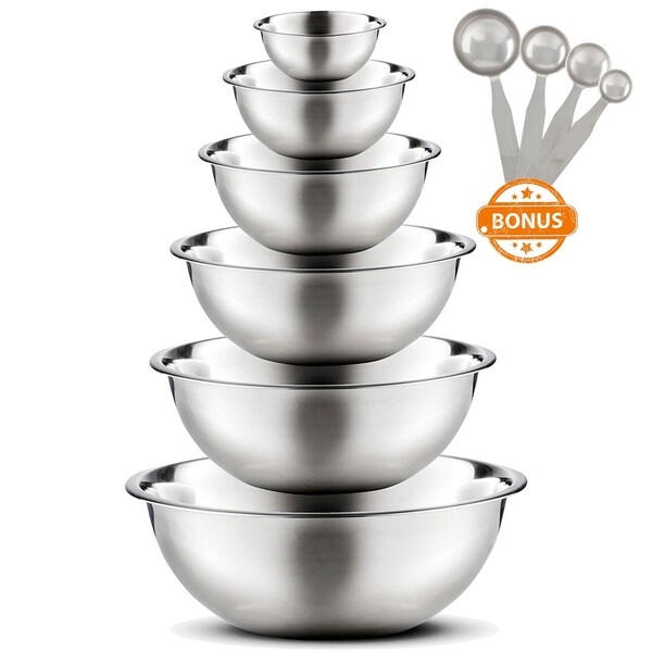 High Quality Large Stainless Steel 6 pcs. Mixing Bowl Set with Free Measuring Spoons