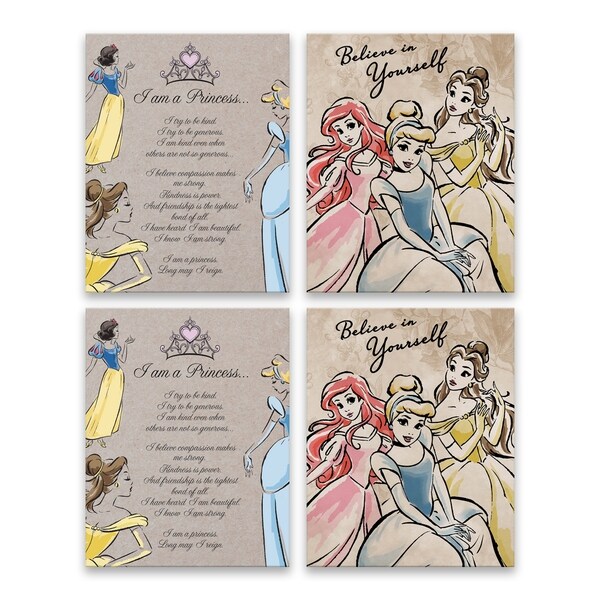 "Disney Princesses Fashionistas I Am A Princess & Believe in Yourself" Embellished Canvas - Set of 4, 16W x 20H x 1.25D each