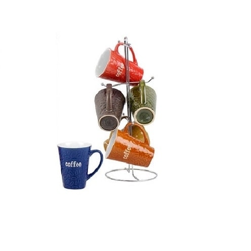 Ceramic Color Mug set With Metal Tree Stand Rack - Embossed Coffee Bean Design