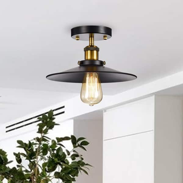 slide 2 of 8, Anastasia Cone Shape Black and Metallic Gold Industrial Flush Mount - Black and Metallic Gold