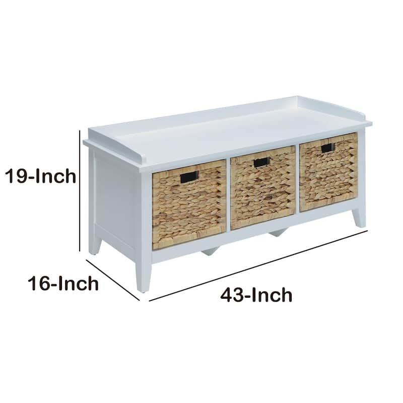 Rectangular Wooden Bench with Storage Basket, White