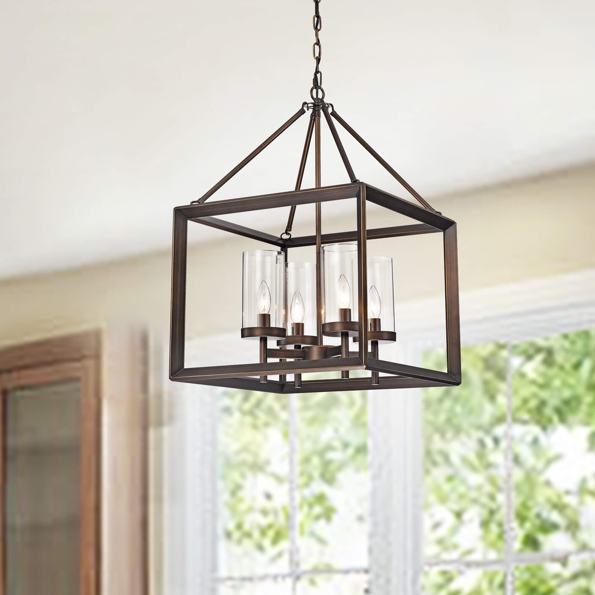 La Pedriza 4-Light Square Cage Chandelier in Antique Brass Finish with Clear Glass Globes - Chandeliers For Bedrooms by Overstock.com