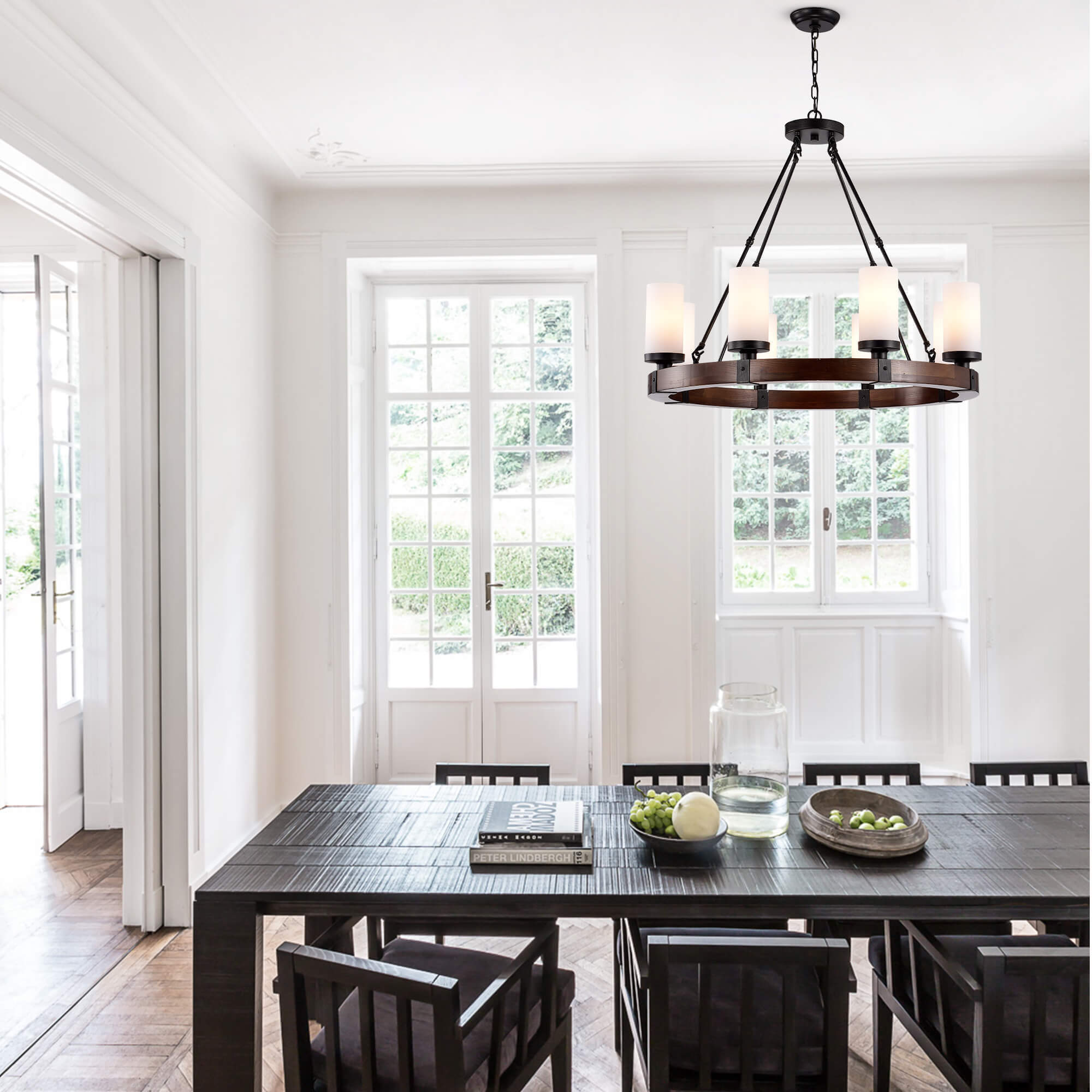 daniela antique wood chandelier with frosted glass globes