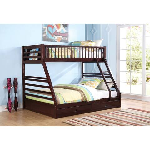 Wooden TwinXL/Queen Bunk Bed with Drawers, Espresso Brown