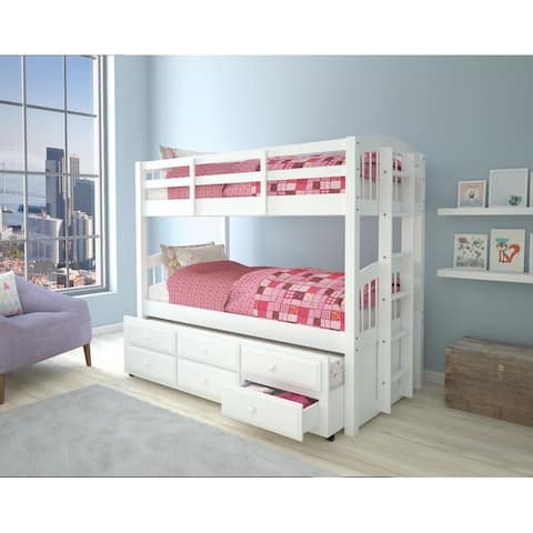 Wooden Twin/Twin Bunk Bed & Trundle with 3 Drawers, White