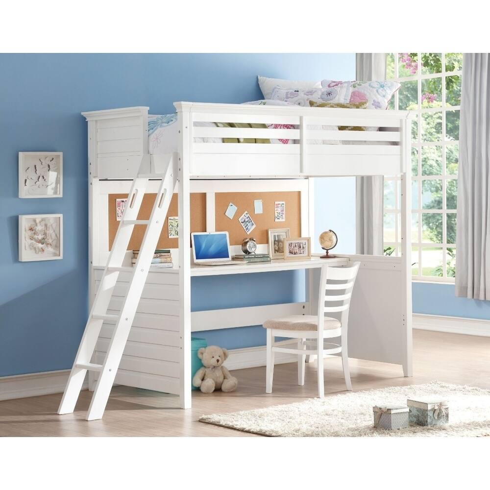 Wood Twin Size Loft Bed with Desk, White