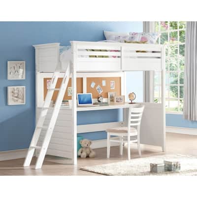 Wood Twin Size Loft Bed with Desk, White