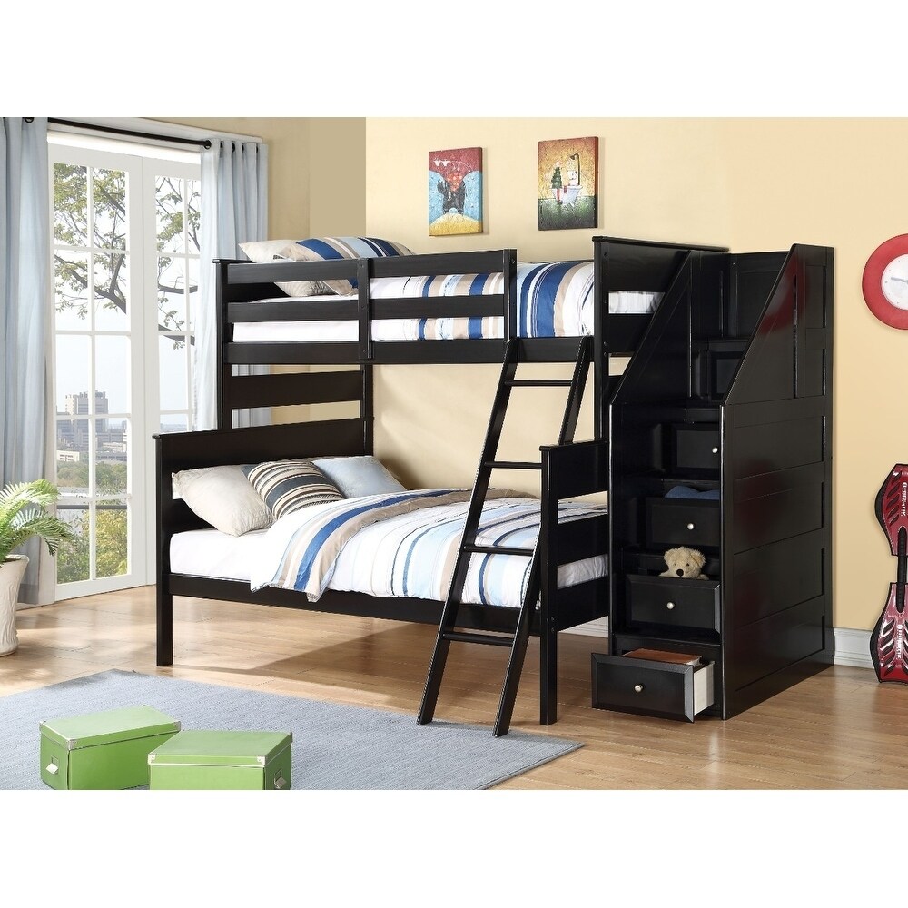 Wooden Twin/Full Bunk Bed with Storage Ladder, Black