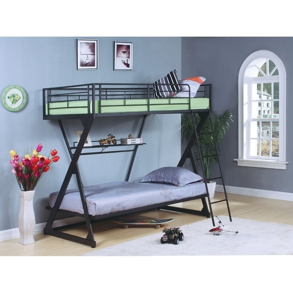 Metal Twin/Twin Bunk Bed With Bookshelf, Sandy Black