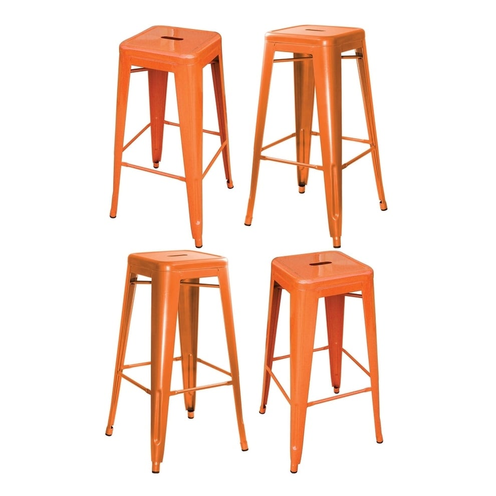 Offex Orange Metal Bar Stool With Powder Coated Paint Finish 4 Piece