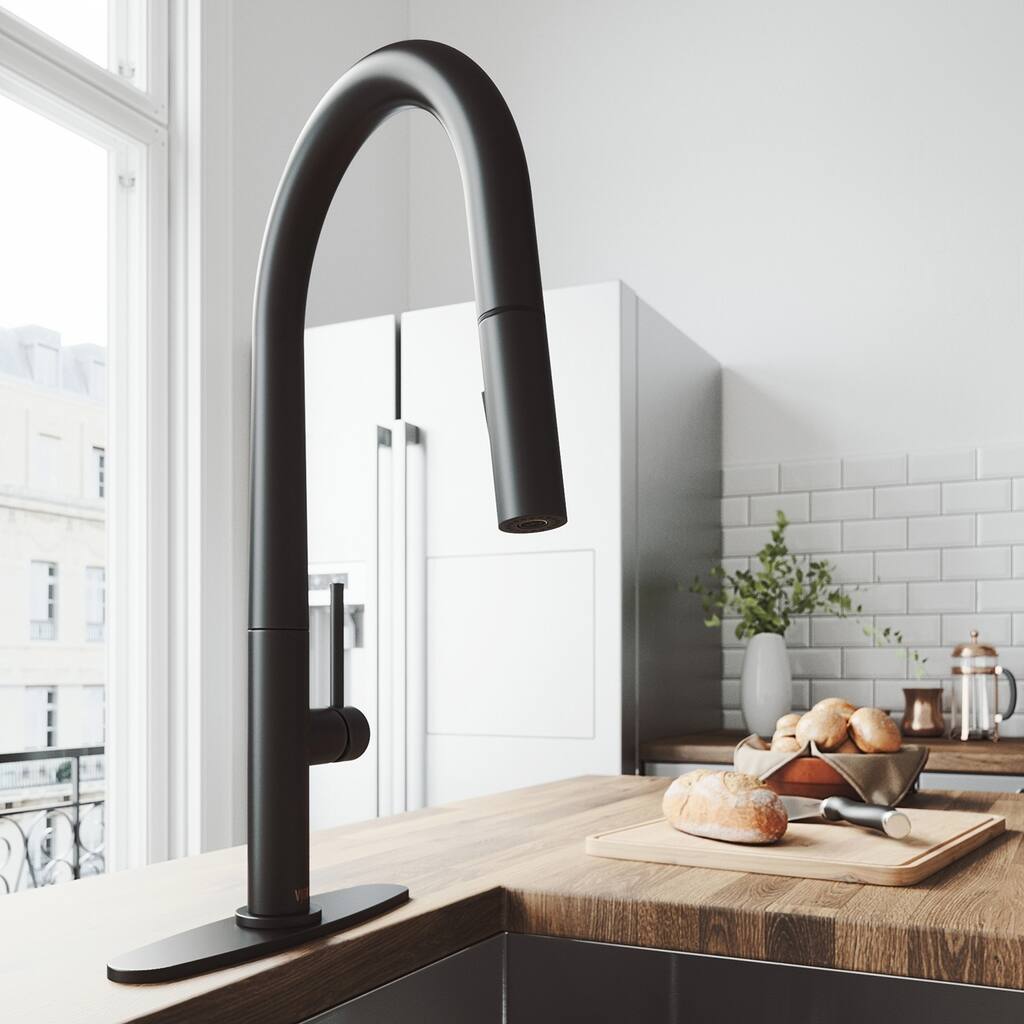 VIGO Greenwich Matte Black Pull-Down Kitchen Faucet with Deck Plate