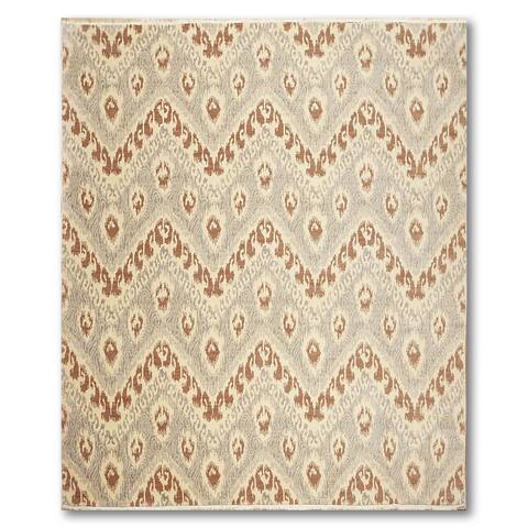Contemporary Ikat Hand-Knotted Area Rug with Wool Foundation - Beige/Brown - 8' x 10' - 8' x 10'