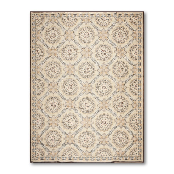 Asmara Needlepoint Aubusson Hand-Woven Area Rug Wool Traditional French Design - Beige/Blue - 8'10" x 11'10"