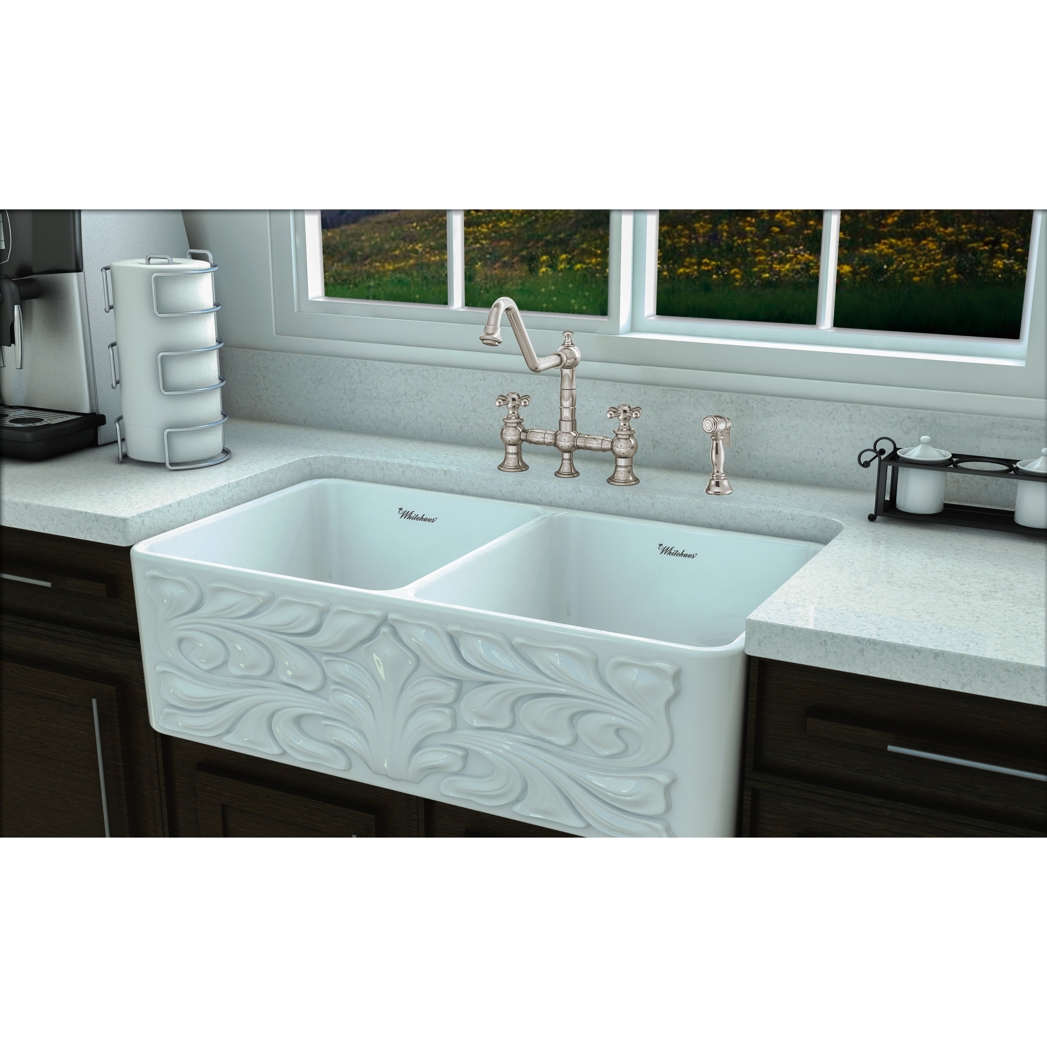 Bridge Faucet with Long Gooseneck Swivel Spout, Cross Handles and Soli -  Whitehaus Collection