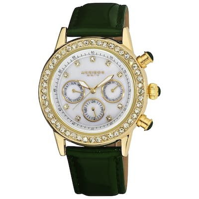 Akribos XXIV Ladies Sparkling Crystal Date Green Leather Strap Watch
