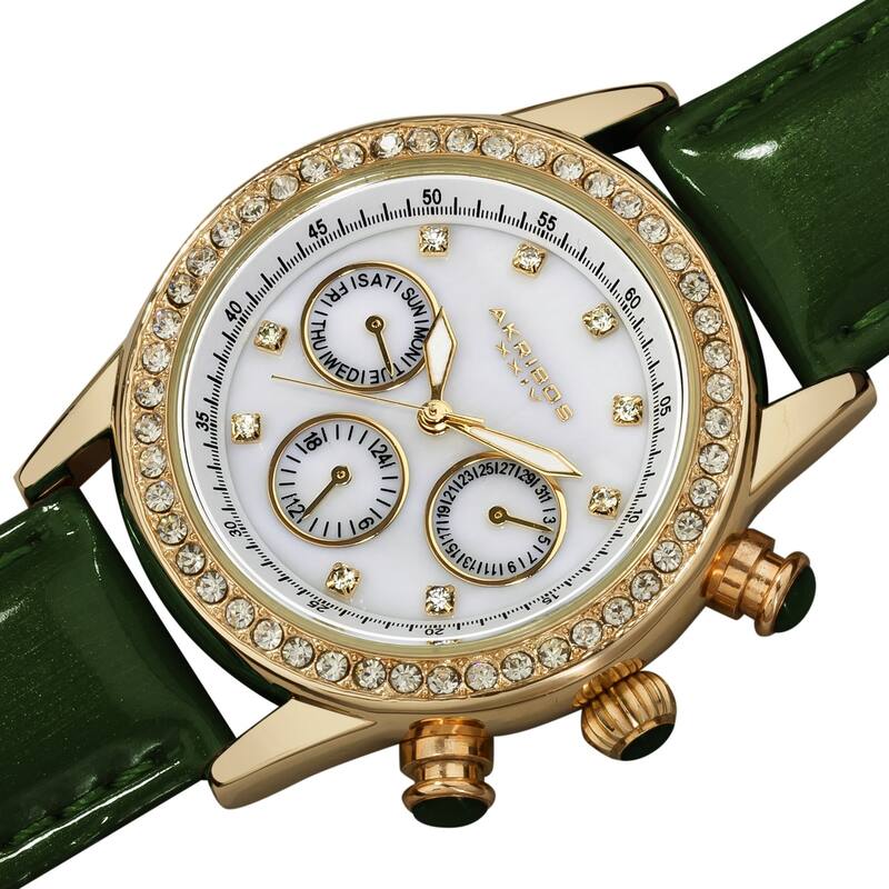 Akribos XXIV Ladies Sparkling Crystal Date Green Leather Strap Watch