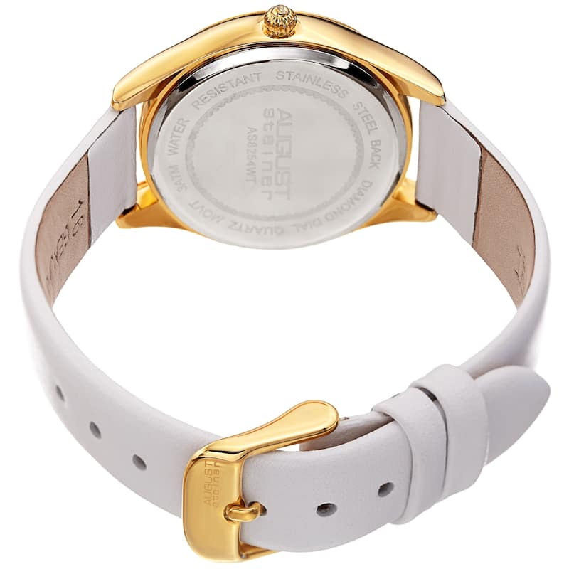 August Steiner Ladies Classic Diamond White Leather Strap Watch
