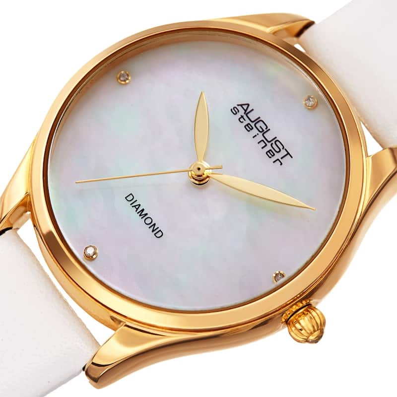 August Steiner Ladies Classic Diamond White Leather Strap Watch