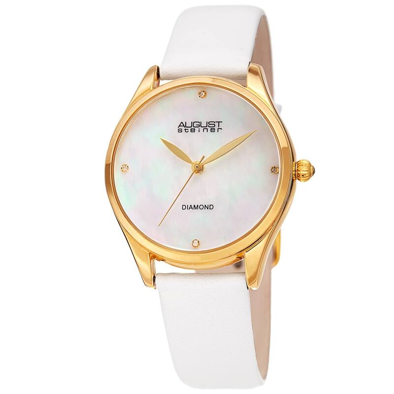 August Steiner Ladies Classic Diamond White Leather Strap Watch
