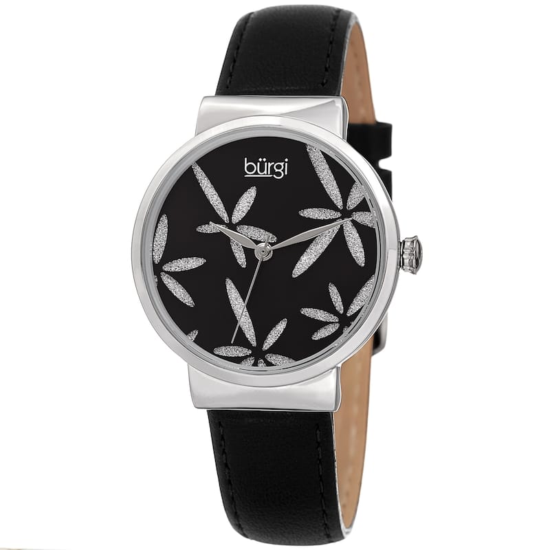 Burgi Ladies Sparkling Floral Black Leather Strap Watch