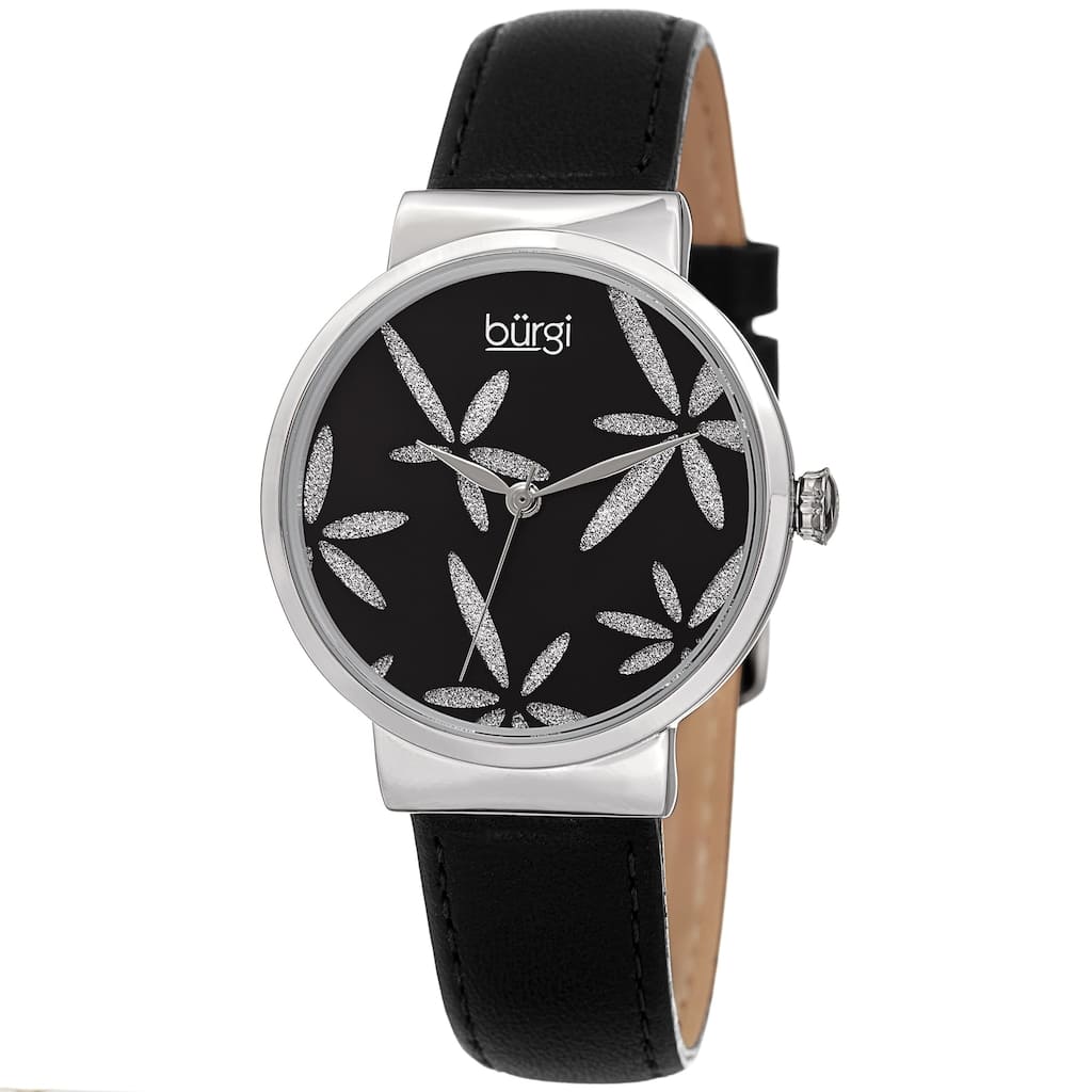 Burgi Ladies Sparkling Floral Black Leather Strap Watch