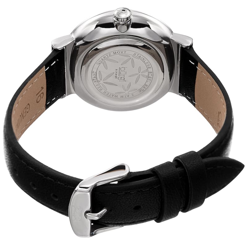 Burgi Ladies Sparkling Floral Black Leather Strap Watch