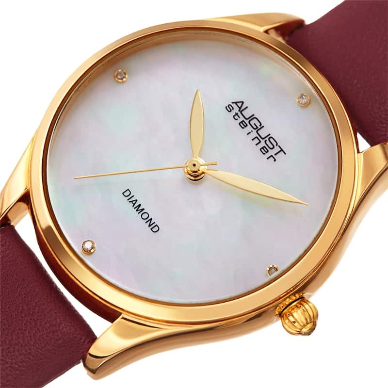 August Steiner Ladies Classic Diamond Red Leather Strap Watch