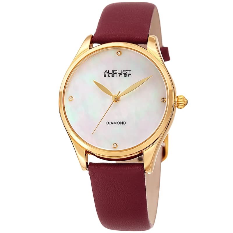August Steiner Ladies Classic Diamond Red Leather Strap Watch