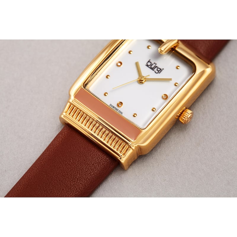 Burgi Ladies Diamond Buckle Case Brown Leather Strap Watch