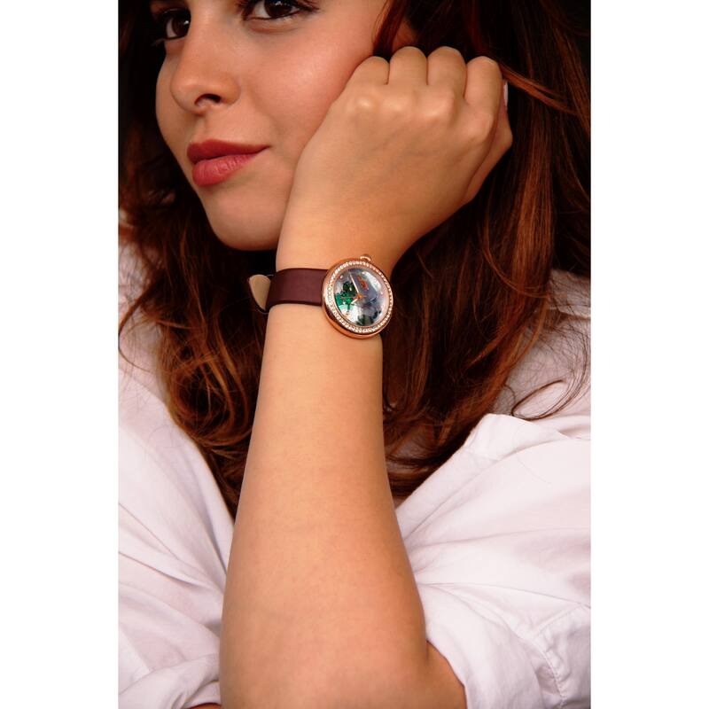 Burgi Ladies Koi Pond Crystal Brown Leather Strap Watch