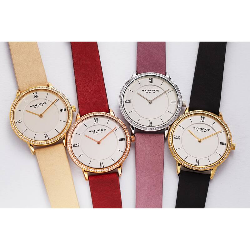 Akribos XXIV Ladies Classic Crystal Easy-to-Read Black Leather Strap Watch