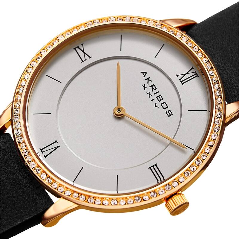 Akribos XXIV Ladies Classic Crystal Easy-to-Read Black Leather Strap Watch
