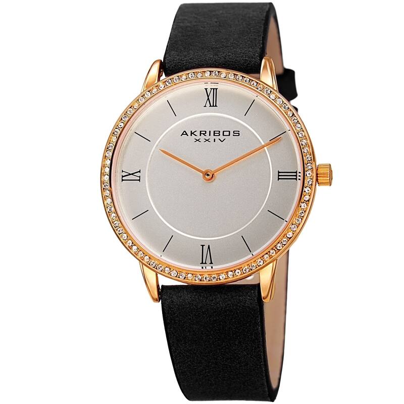 Akribos XXIV Ladies Classic Crystal Easy-to-Read Black Leather Strap Watch