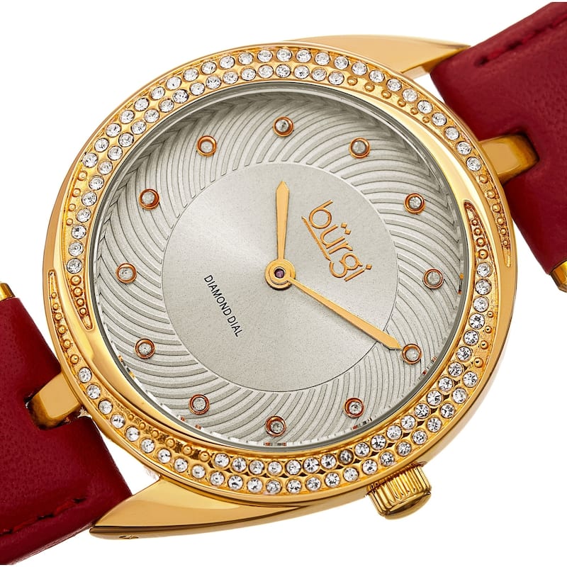 Burgi Ladies Diamond Crystal Swirl Red Leather Strap Watch
