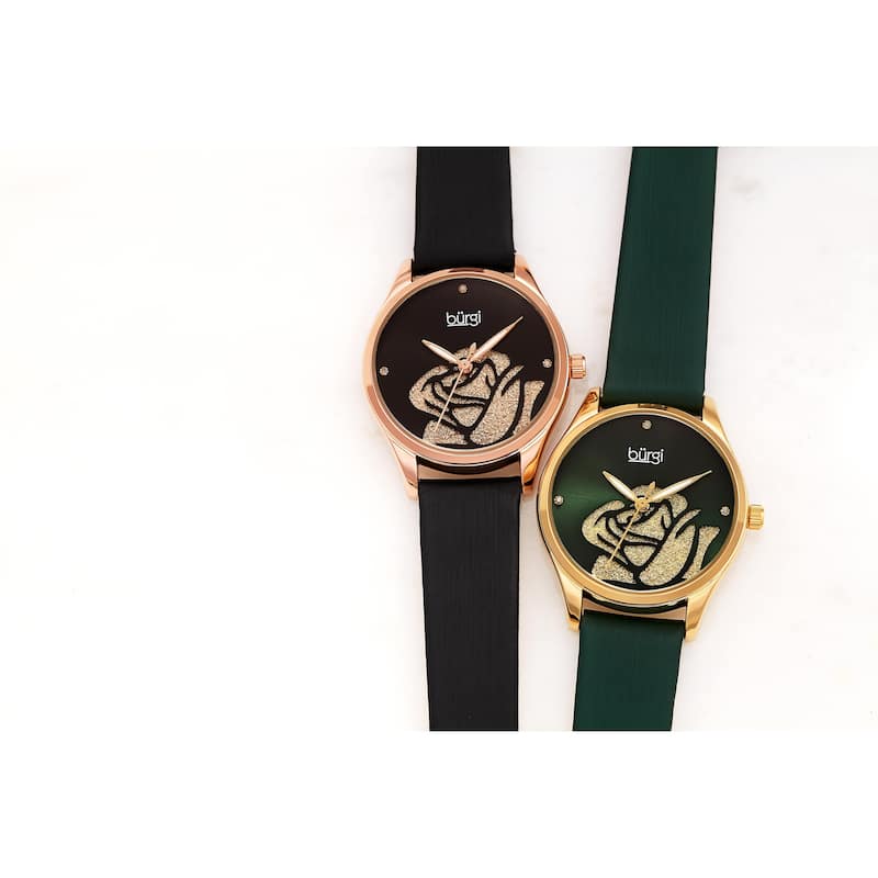 Burgi Ladies Diamond Glitter Rose Floral Green Leather Strap Watch