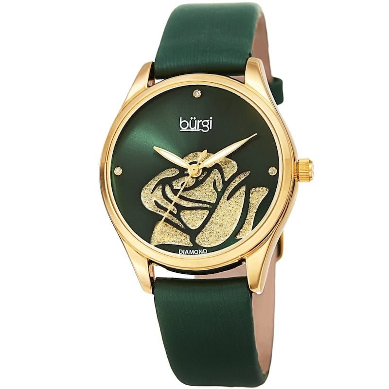 Burgi Ladies Diamond Glitter Rose Floral Green Leather Strap Watch