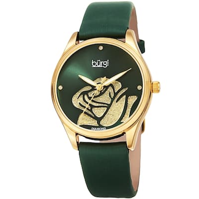 Burgi Ladies Diamond Glitter Rose Floral Green Leather Strap Watch