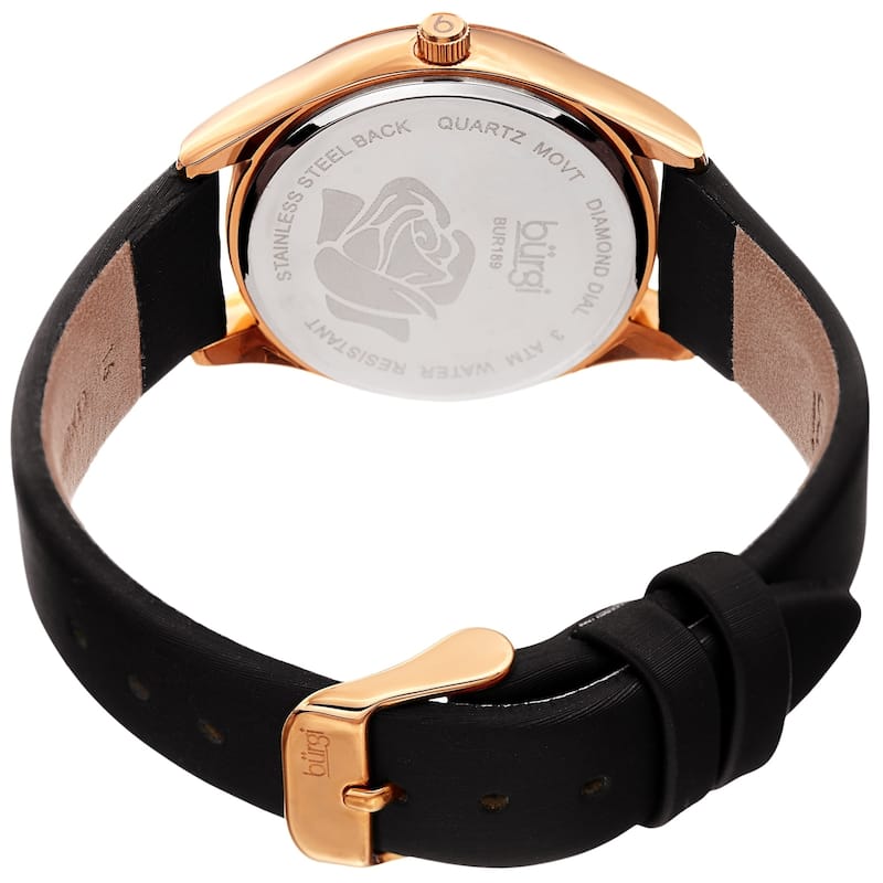 Burgi Ladies Diamond Glitter Rose Floral Black Leather Strap Watch