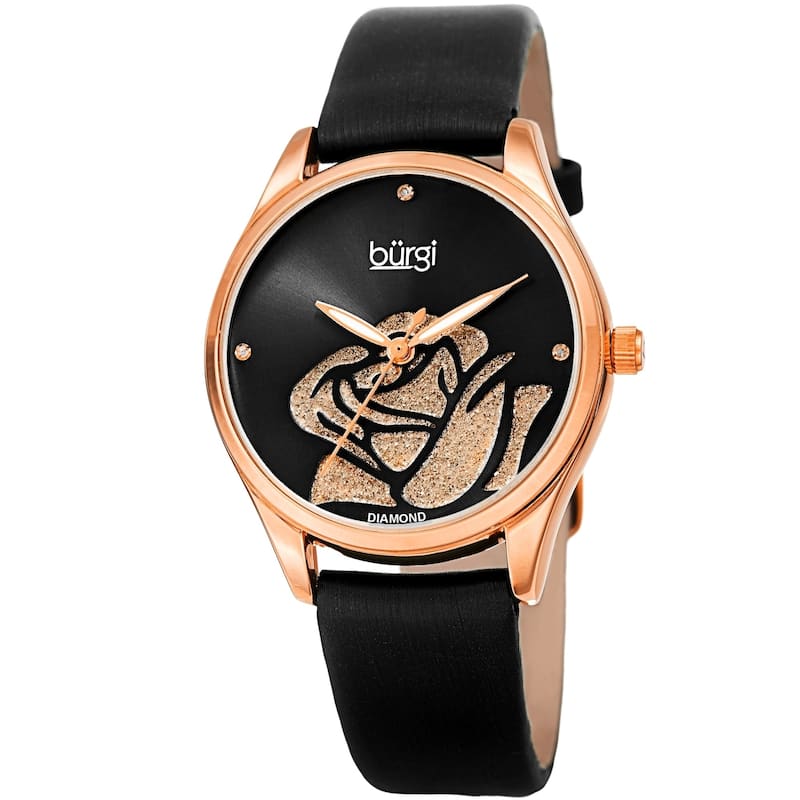 Burgi Ladies Diamond Glitter Rose Floral Black Leather Strap Watch