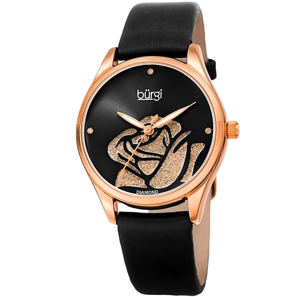 Burgi Ladies Diamond Glitter Rose Floral Black Leather Strap Watch