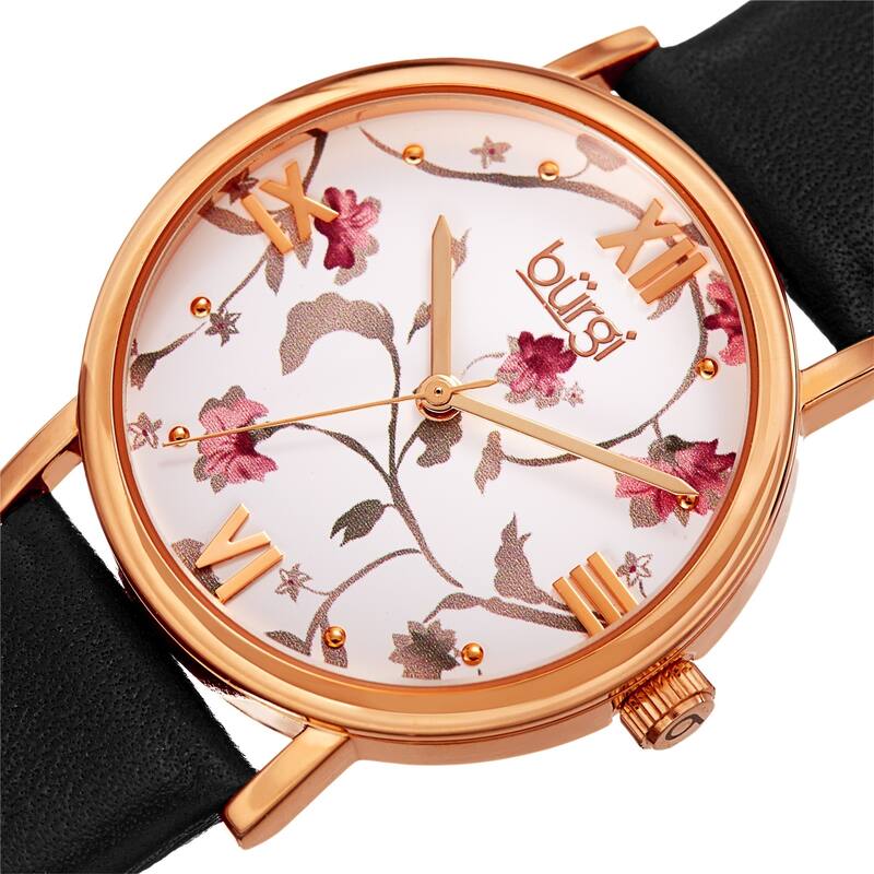 Burgi Ladies Floral Autumn Black Leather Strap Watch