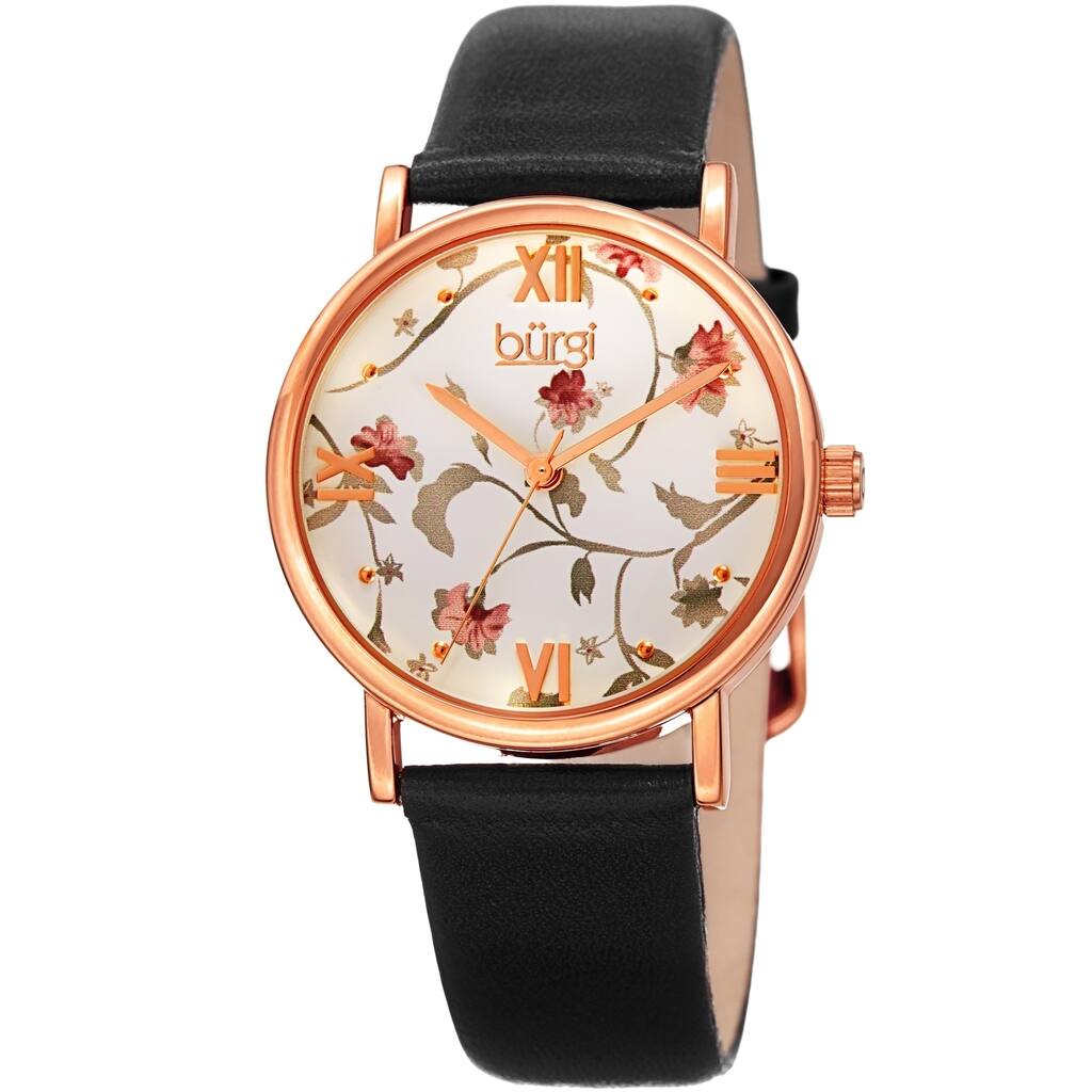 Burgi Ladies Floral Autumn Black Leather Strap Watch