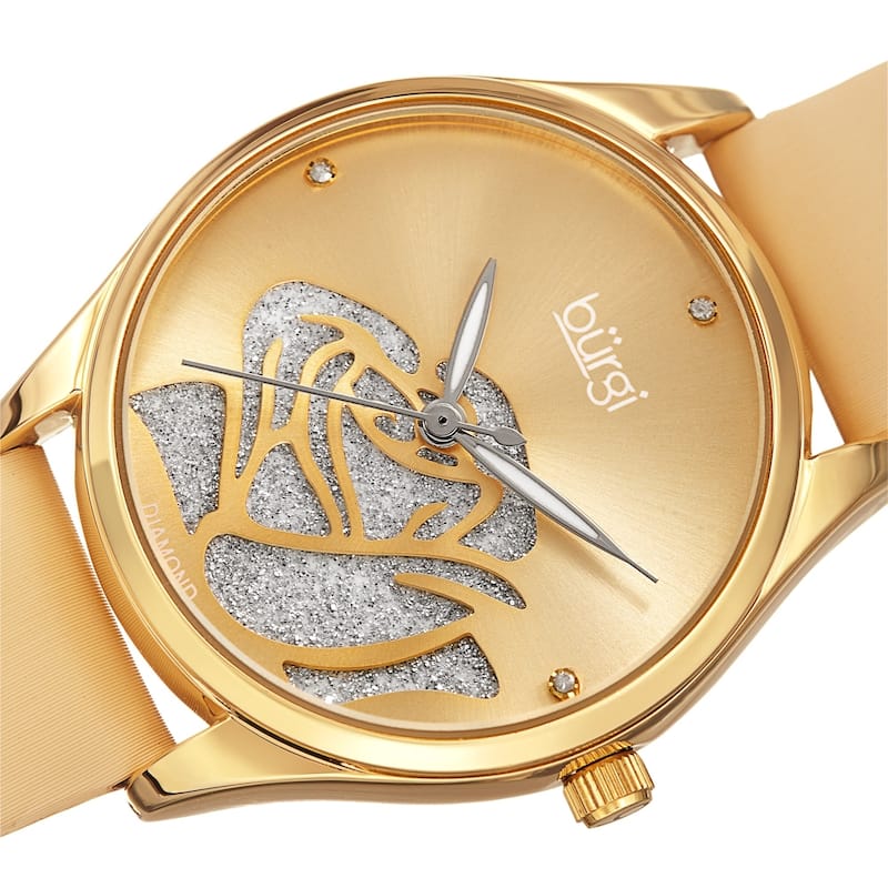 Burgi Ladies Diamond Glitter Rose Floral Beige Leather Strap Watch